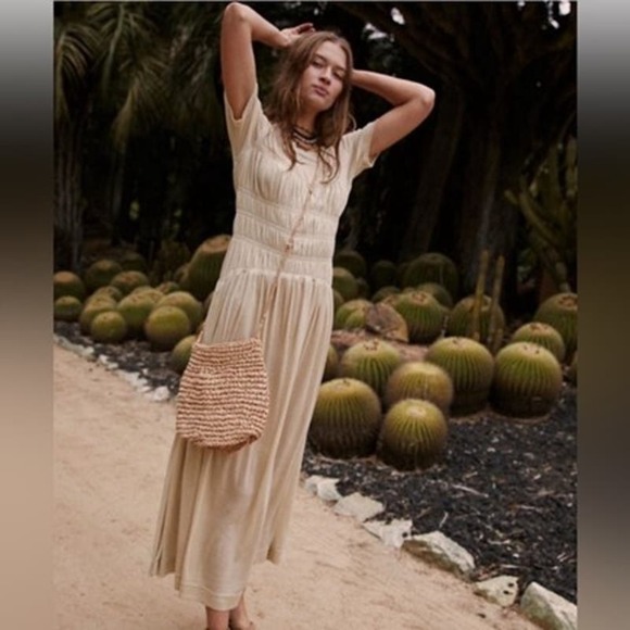 Free People Beach Meg Midi Dress Color Brown Size Medium Ruched NEW - Picture 8 of 9